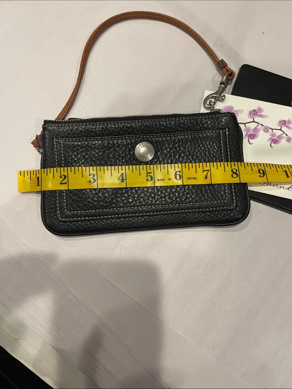 Coach Vintage Black Pebbled Leather Tan Strap Pouch Wallet Wristlet